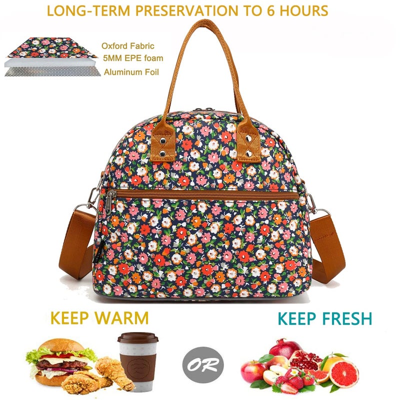 FlowFly Insulated Lunch Bag With Shoulder Strap for Women, Men, and Kids, Large and Reusable, Handle, Freezable Work and School Travel Tote and Meal Prep Organizer,Floral - Image 2